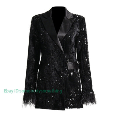 Women Suit Collar Sequin Tassel Blazer Coat Formal Dress Long