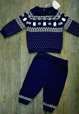 Soft Warm Navy Knitted Penguin Fair Isle Jumper & Trousers 2pc Baby Outfit Set