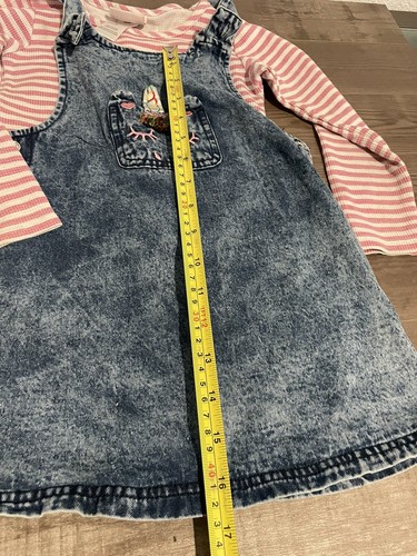 Little Lass Girls Overall Dress w/ Unicorn Pocket Long Sleeve Striped Top Sz 5 - Picture 9 of 9