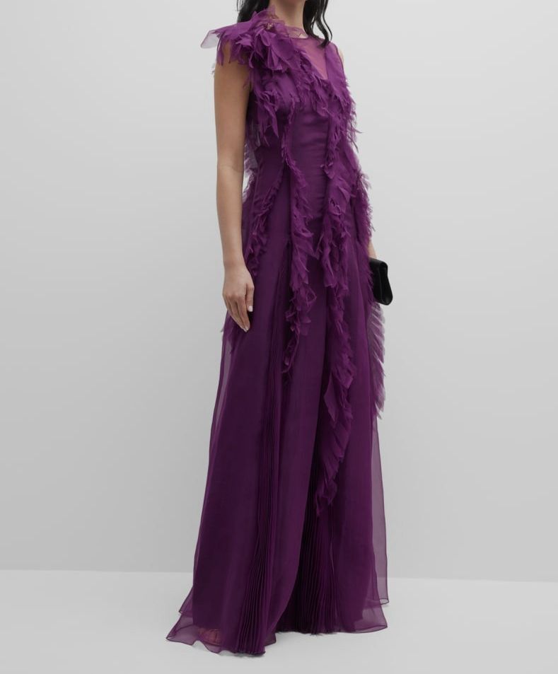 alberta ferretti purple dress Alberta Ferretti Ruffle Pleated-Godet Organic Chiffon Illusion Gown, Violet, Women's, 10, Chiffon Gowns