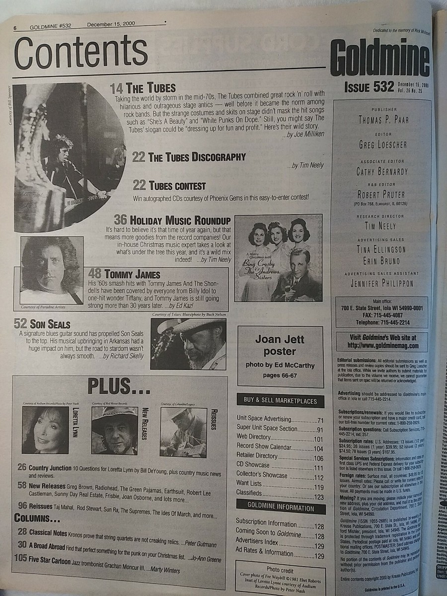 Goldmine Magazine Dec 2000 Vol 26 No 25 # 532 Tubes Wallflowers
