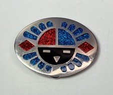 Vintage Chambers Belt Co. Southwestern Bird Sun Face Enamel Inlay Oval 2.75"