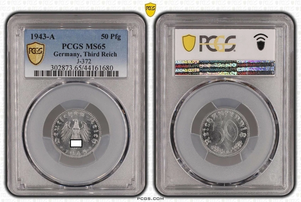 50 Pfennig Alu 1943 A prfr.-Stempelglanz PCGS zertifiziert PCGS MS65   78895 - Bild 1 von 1