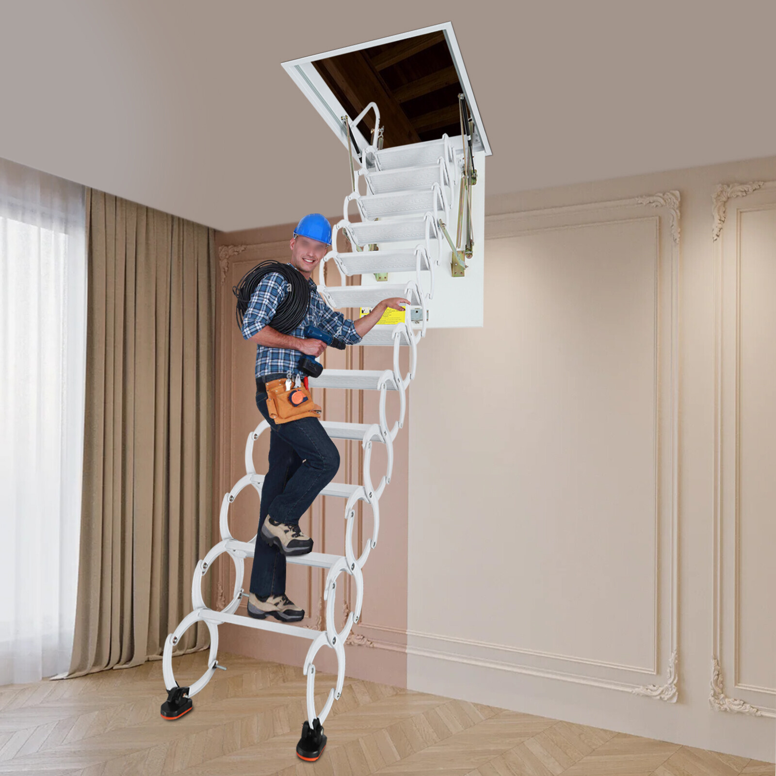9.5-10ft Folding Attic Ladder 12-Step Retractable Loft Stairs
