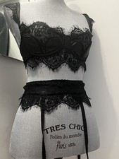 Black Chantilly Lace And Pleather Bra. Garter. Thong. Fredericks Of Hollywood