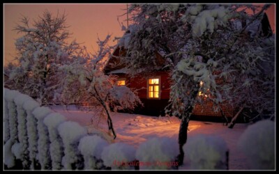 Winter Night Cabin Light - Counted Cross Stitch Patterns - Color & BW Symbols