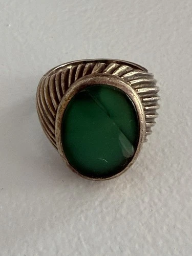 Vtg Sterling Silver Men's Signet Cocktail Statement Ring Green Stone Cracked 8.5
