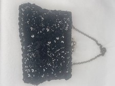 Black Sequin Clutch Evening Bag with Metal Mesh Chain Cocktail Party Elegant