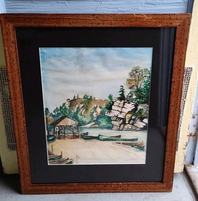 Vintage Original Watercolor Painting   Lake Scene w/ Canoes & Dock   Framed