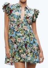 alice + olivia Women's Blue Floral Button Front Collared Tiered Shirt Dress 10