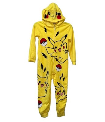 Pokemon Pikachu Yellow Fleece Hooded One Piece Pajamas Costume Kids Youth Size 8