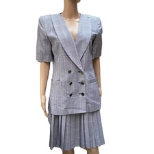 Vintage Gilmor Blazer Jacket Skirt Suit Womens 8 Plaid Pleated 2 Piece Career