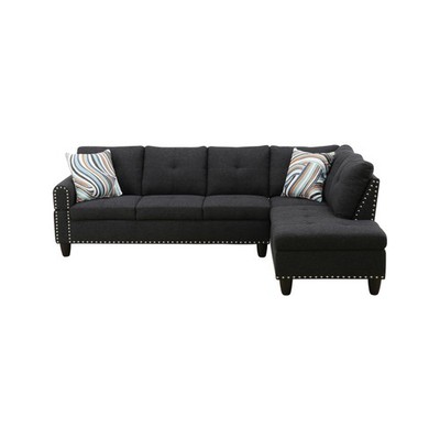 L-Shaped Sectional Sofa with Cup Holder, Ottoman, Black Faux Leather