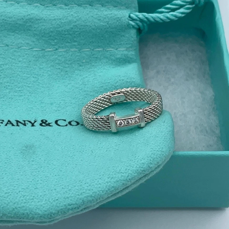 Anillo Tiffany & Co. Somerset Malla Diamantes Plata de Ley 925 Banda Listo para Regalo Foto 3 de 4