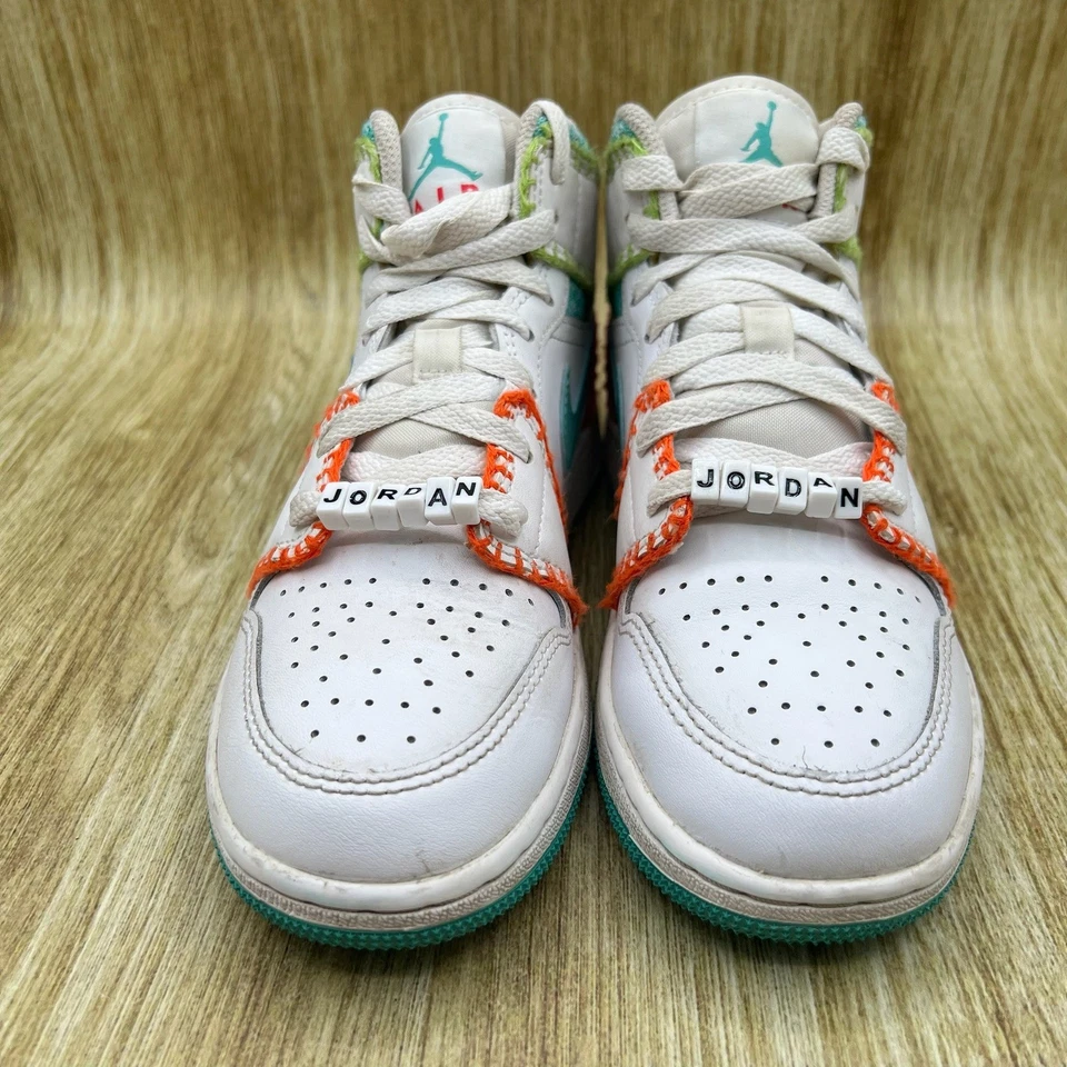 Youth Size 4Y - Nike Air Jordan 1 Mid SE Multi Knit White Teal Orange Sneakers - Image 2 of 4