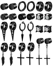 12 Pairs Black Magnetic Earrings: Clip On, Hoop & Dangle Designs - Non-Pierci...