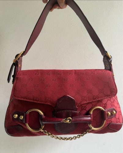 GUCCI Tom Ford Era Horsebit Shoulder Bag GG Canvas Red Vintage Authentic