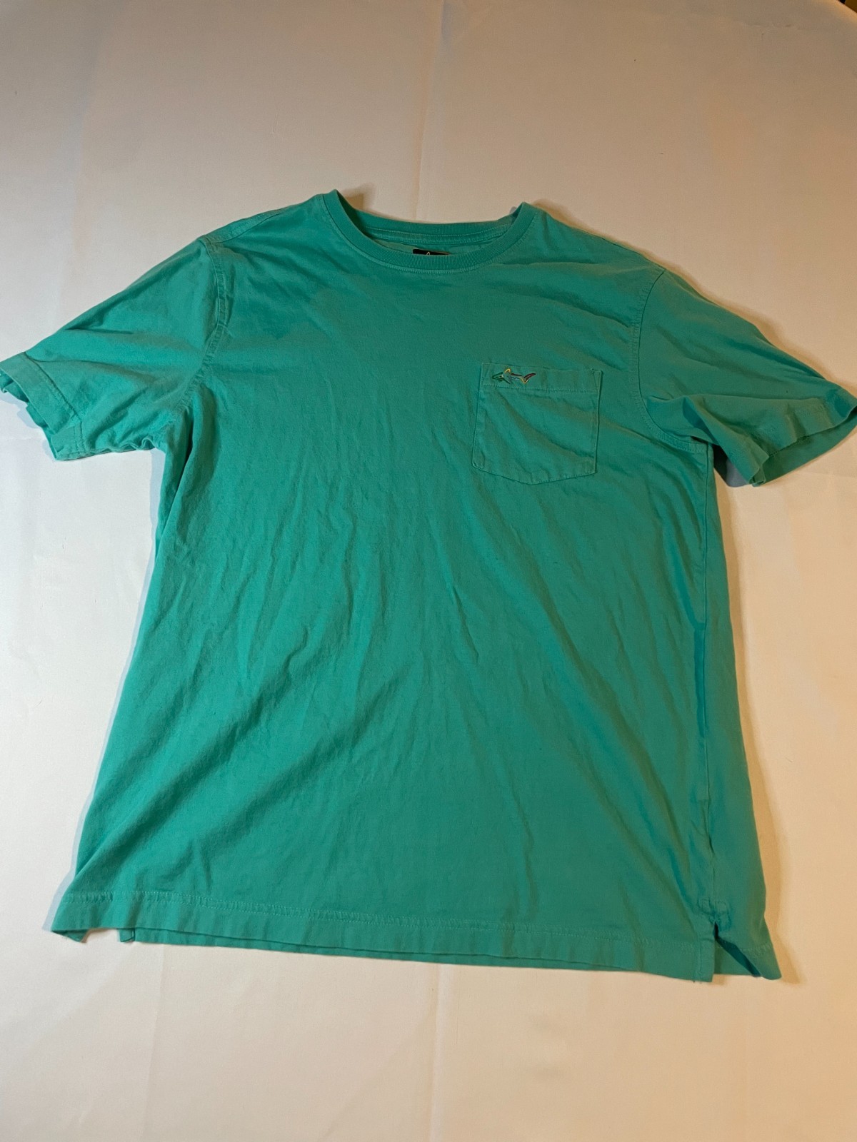 Greg Norman Shark T Shirt Mens Medium Green Cotton Short Sleeve Crew Pocket Tee