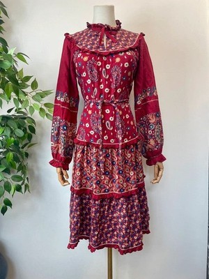 Vintage 70er rot blau beige Blumen Paisley Stufen Langarm Prärie Kleid 12