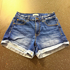 SHEIN Girls Blue Denim Shorts Size S Frayed Hem Button Fly Pockets