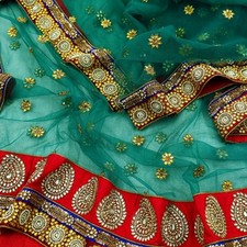 Indian Vintage Heavy Bridal Green Net Dupatta Hand Embroidered Zardozi Veil Zari