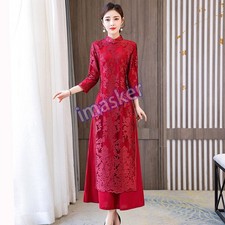Women Fashion Chinese Style Aodai Lace Wedding Cheongsam Dress 3/4 Sleeve Gown