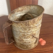 Vintage Tin F-O-K-C Metal Flour Sifter With Red Wood Knob