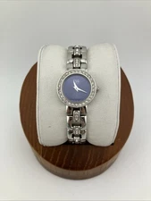Vtg ESQ Ladies 22mm Watch Silver Tone Blue Dial Crystal Bezel 6" 100648 - RUNS