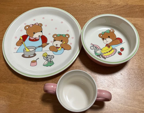 Mikasa Teddy Bear Rock-A-Bye 3 Piece Plate Bowl Cup Child's Dish Set  New