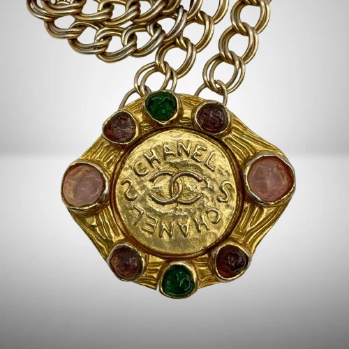 Collana CHANEL CC Logo Gripoa Pietra Ciondolo Placcatura Oro L 70cm Vintage JPN [U