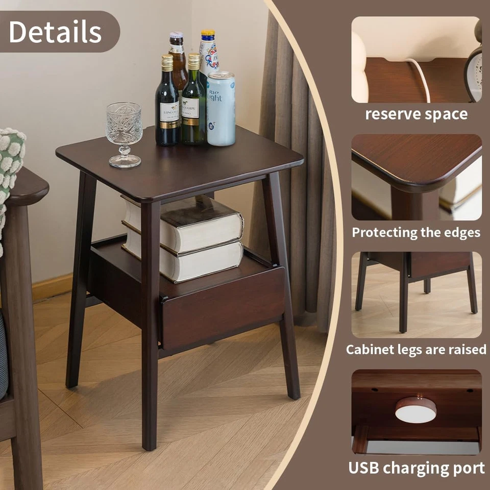 Mesita de Noche con Cajón, Mesita de Noche Moderna Mediados de Siglo, Mesitas de Noche con Abierta Foto 4 de 4