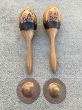 Vintage Hand Painted Wooden Maracas Brass Cymbals Percussion Instrruments