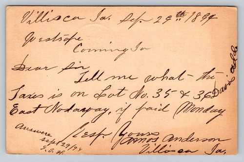1894 UX12 US Postal Card FANCY Cancellation Taxes Inquiry Treasurer CORNING IA - Picture 3 of 3