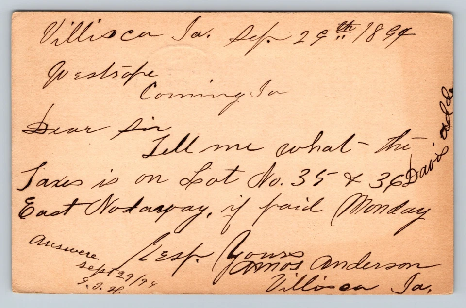 1894 UX12 US Postal Card FANCY Cancellation Taxes Inquiry Treasurer CORNING IA - Image 3 of 3