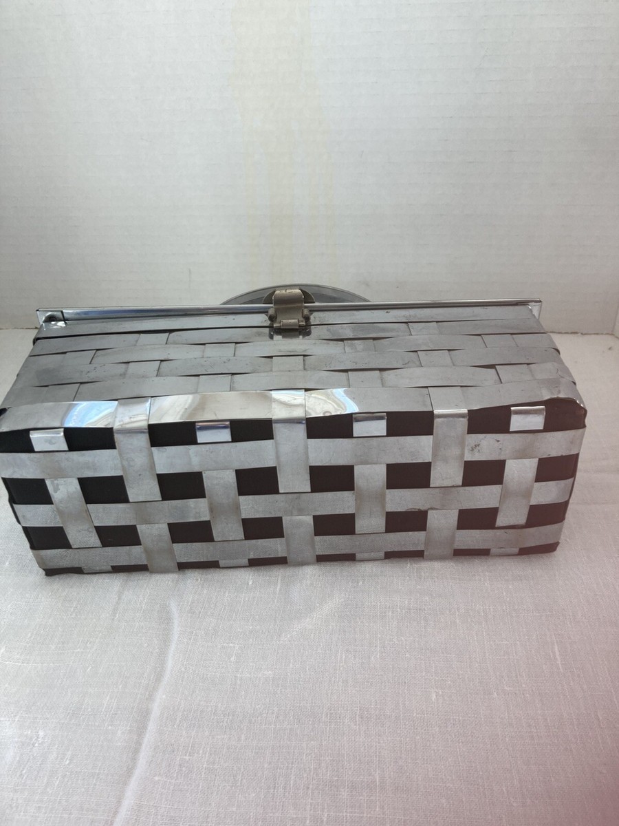 Vintage 1950’s Modern Silver Basket Weave Rectangle Metal Purse Handbag View 6