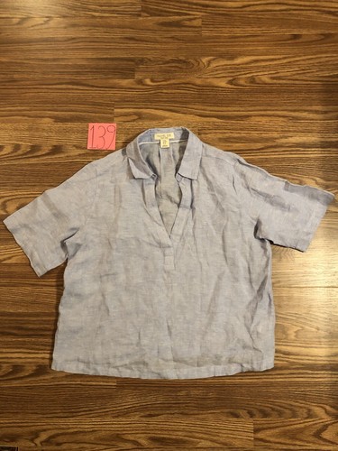 Rachel Zoe 100% Linen Blue Short Sleeve Blouse V-neck Top Women’s Size M
