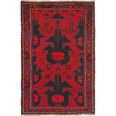 Traditional Hand Knotted Oriental Balouch Red Afghan Tribal Rug 2'9x4'7ft W15506