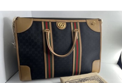 Gucci XL GG Bauletto Duffle Bag Black Canvas Fabric Travel 100