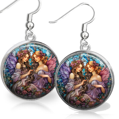 Fairy Sisters Faux Stained Glass Art Print Fantasy Dangle Earrings .925 Sterling