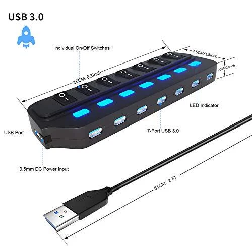 7-Port USB 3.0 Hub with Individual LED On/Off Switches for Multiple Devices
