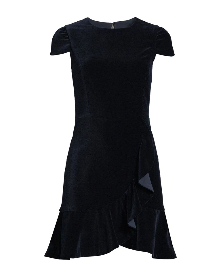 NEW Alice + Olivia Women’s Size 8 Enid Navy Blue Ruffle Trimmed Dress - Image 2 of 4