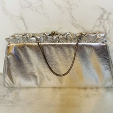Vintage 1990  s Silver Shiny Evening Party Clutch Bag w/Strap Purse, Ruffle Top
