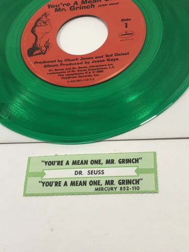 You're A Mean One Mr. Grinch 45 Record Original GREEN Vinyl w Jukebox Slip VTG - Picture 2 of 5
