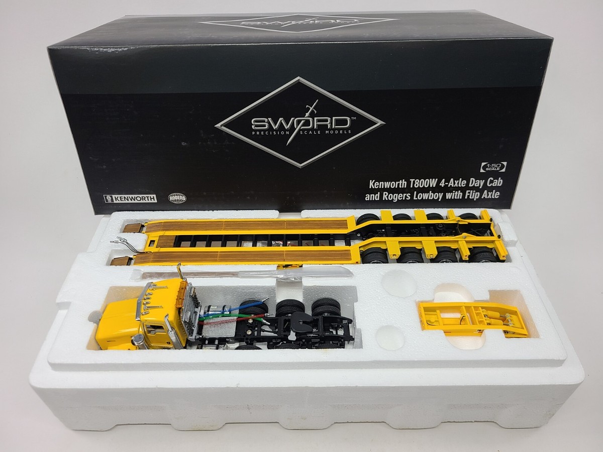 Kenworth T800W Rogers 4-Axle Flip Lowboy Yellow Sword 1:50