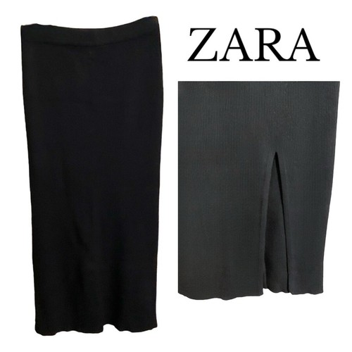 Zara Skirt Women's Size S Black Knit Ribbed Pencil Tube Front Side Slit