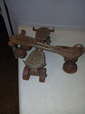 Vintage Antique Steel Metal Roller Skates w/ Leather Straps