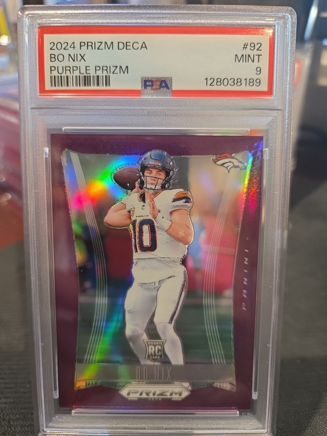 2024 Panini Prizm Deca - Bo Nix #92 Purple Prizm /99 (RC)