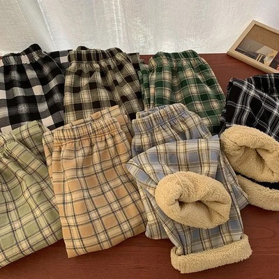 Womens Fleece Plaid Pants Warm Plush Thick Winter Pajama Casual Wide Leg Korean