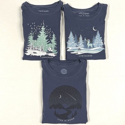 3 Life Is Good Womens Sz XL Long Sleeve Navy T Shirt Winter Trees Night Mountain