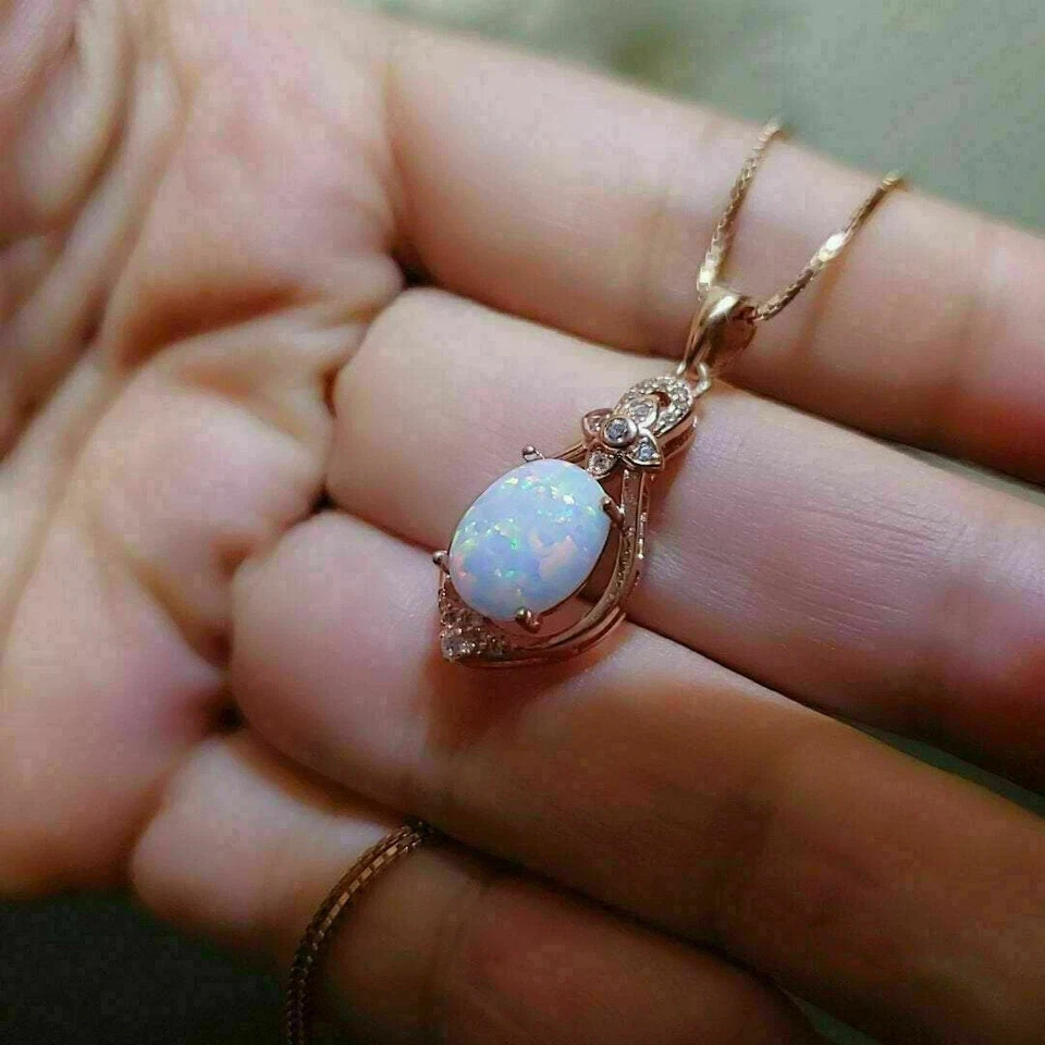 1.40Ct Oval Cut Natural Fire Opal Solitaire Pendant 14K Rose Gold Plated Silver - image 4 of 4